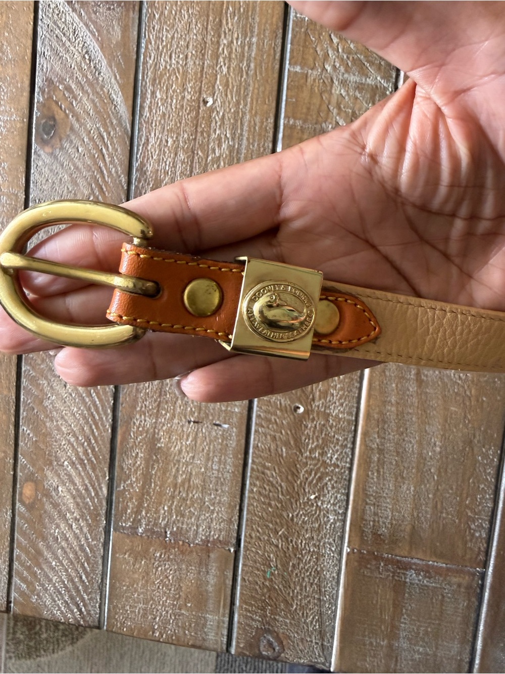 Vintage Dooney & Bourke Two-Tone Tan/Tobacco Leather Belt with Gold Hardware